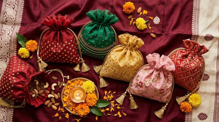 Red, green, gold and pink silk shagun potli gift bags with marigold, diya and dry fruits - Divine Sansar UAE