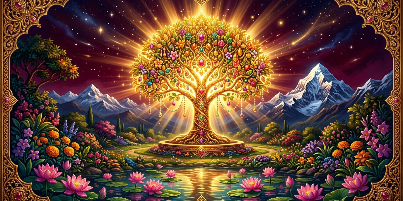 Radiant golden Kalpavriksha wish-fulfilling tree glowing over a lotus pond with Mount Kailash - Divine Sansar