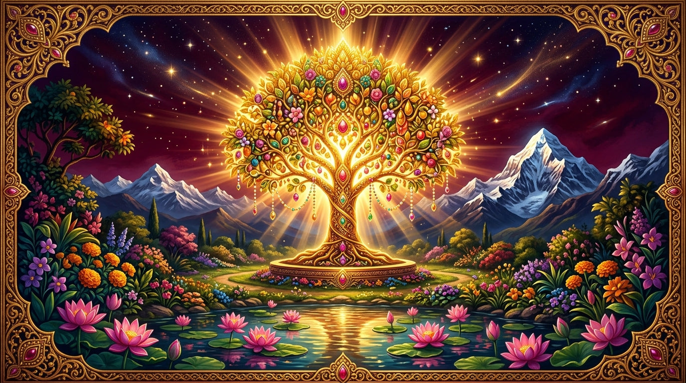Radiant golden Kalpavriksha wish-fulfilling tree glowing over a lotus pond with Mount Kailash - Divine Sansar