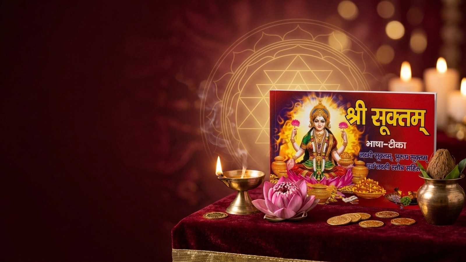 Shri Suktam book with Goddess Lakshmi, diya, lotus and gold coins on a maroon and gold Shri Yantra backdrop - Divine Sansar UAE