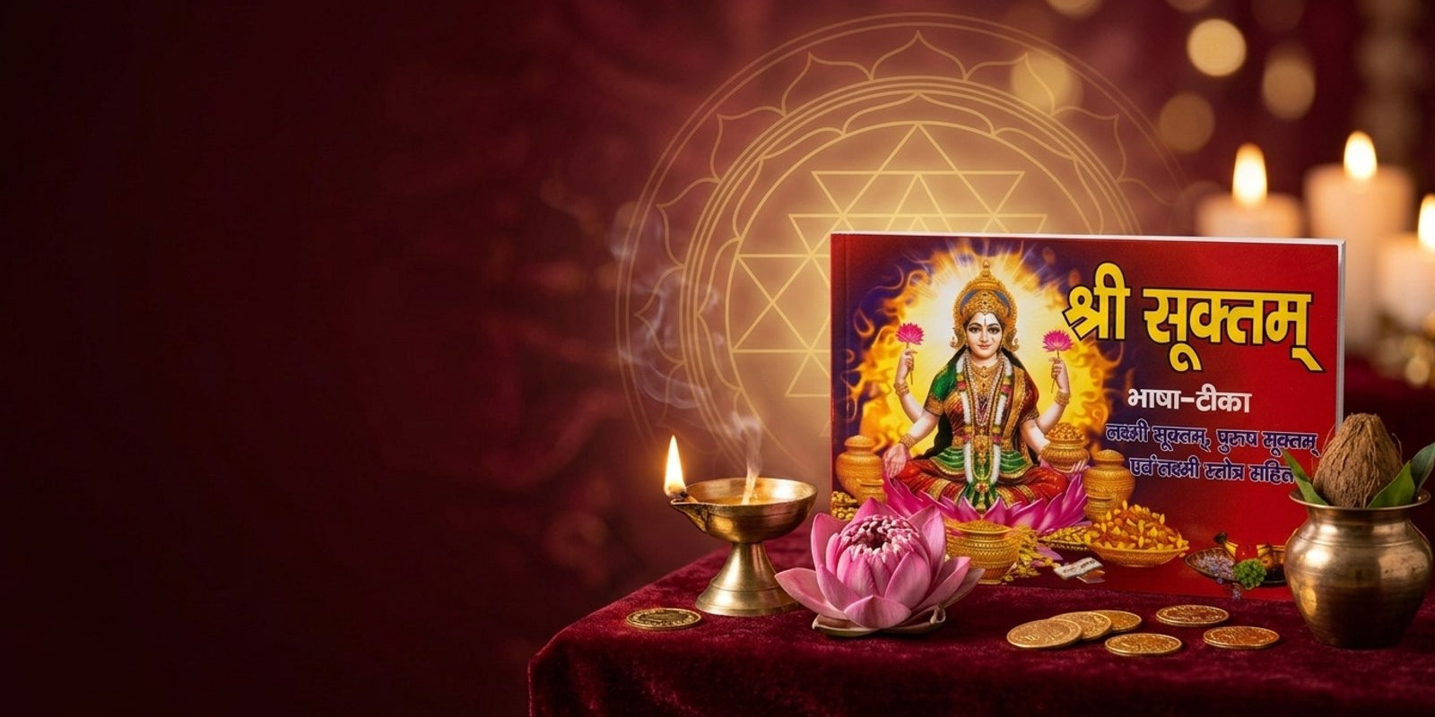 Shri Suktam book with Goddess Lakshmi, diya, lotus and gold coins on a maroon and gold Shri Yantra backdrop - Divine Sansar UAE