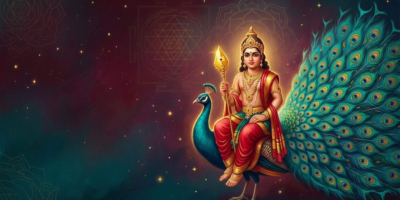 Lord Murugan seated on a peacock holding the golden Vel, its fanned tail sweeping across a deep maroon and teal sky of gold mandala linework - Divine Sansar UAE