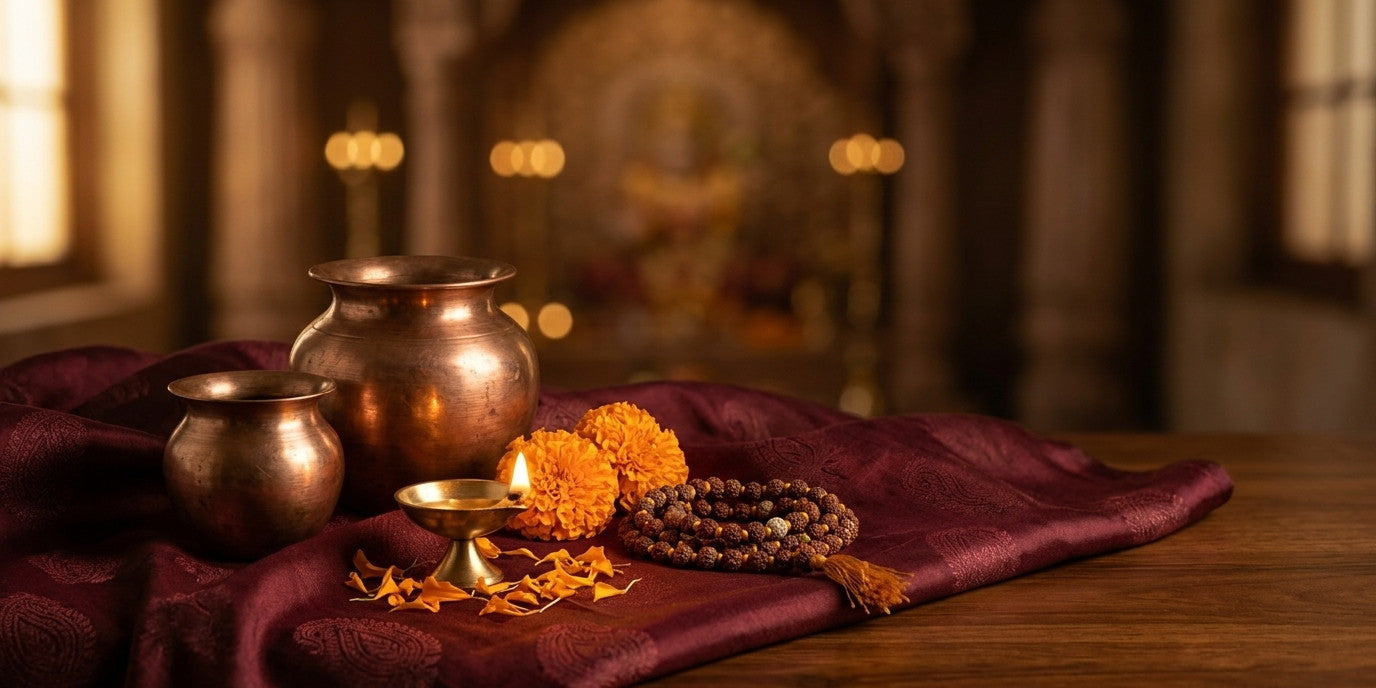 Copper kalash and lota with a lit brass diya, marigolds and rudraksha mala on maroon silk - Divine Sansar UAE