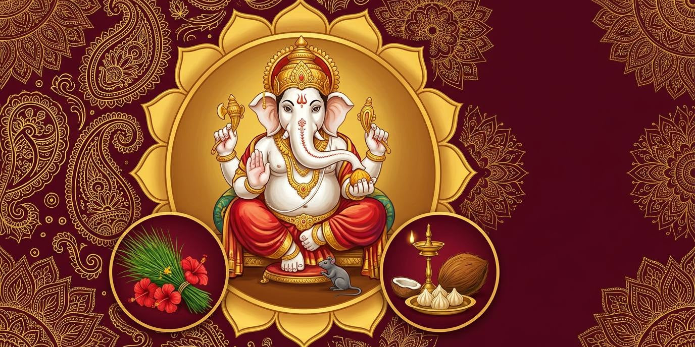 Gold lotus roundel holding a seated Ganesha, flanked by roundels of durva grass, hibiscus and a brass diya - Divine Sansar UAE