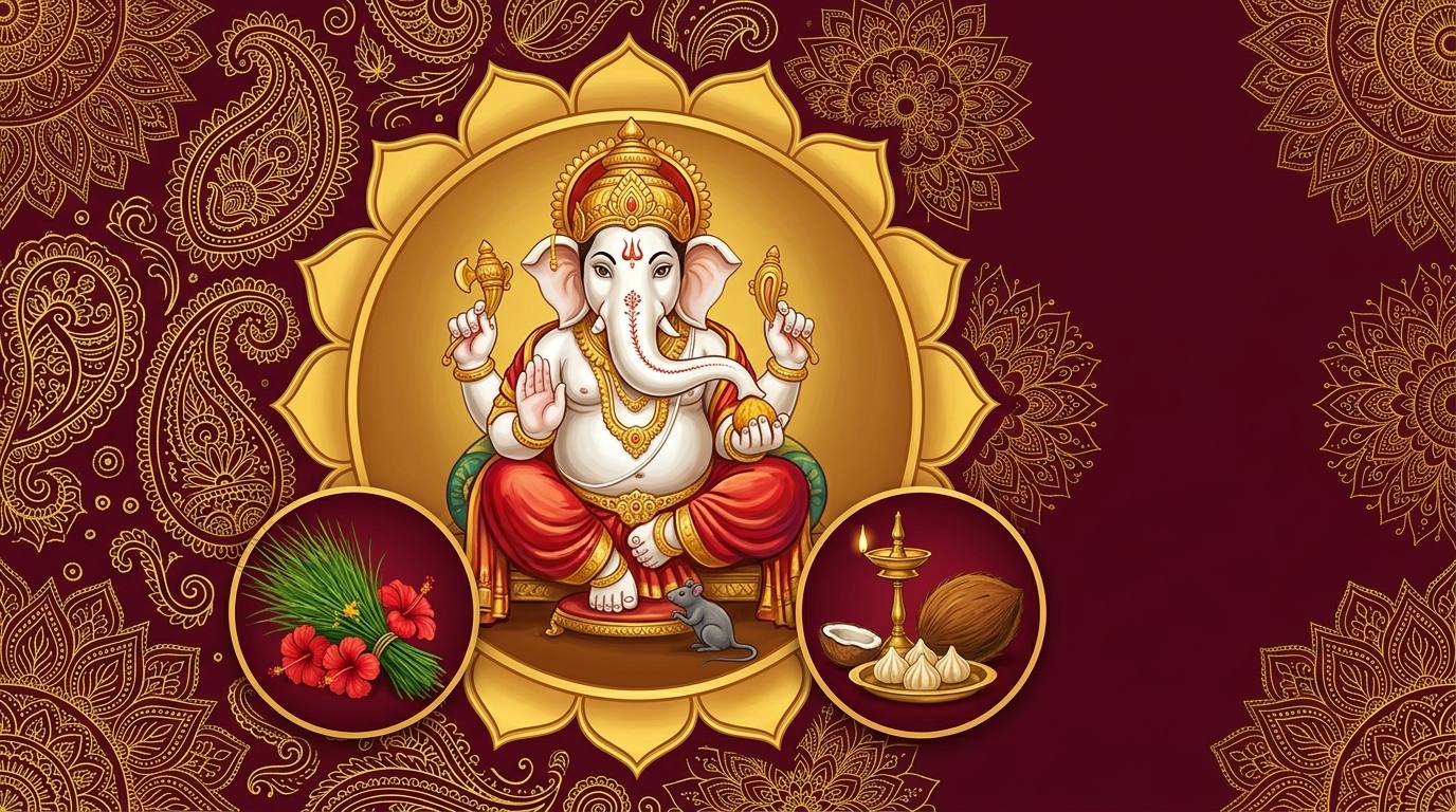 Gold lotus roundel holding a seated Ganesha, flanked by roundels of durva grass, hibiscus and a brass diya - Divine Sansar UAE