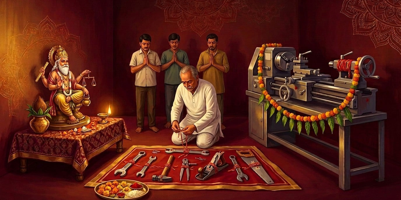 Workshop puja at a garlanded lathe, tools laid on red cloth tied with mauli, brass Vishwakarma idol on a maroon chowki - Divine Sansar UAE