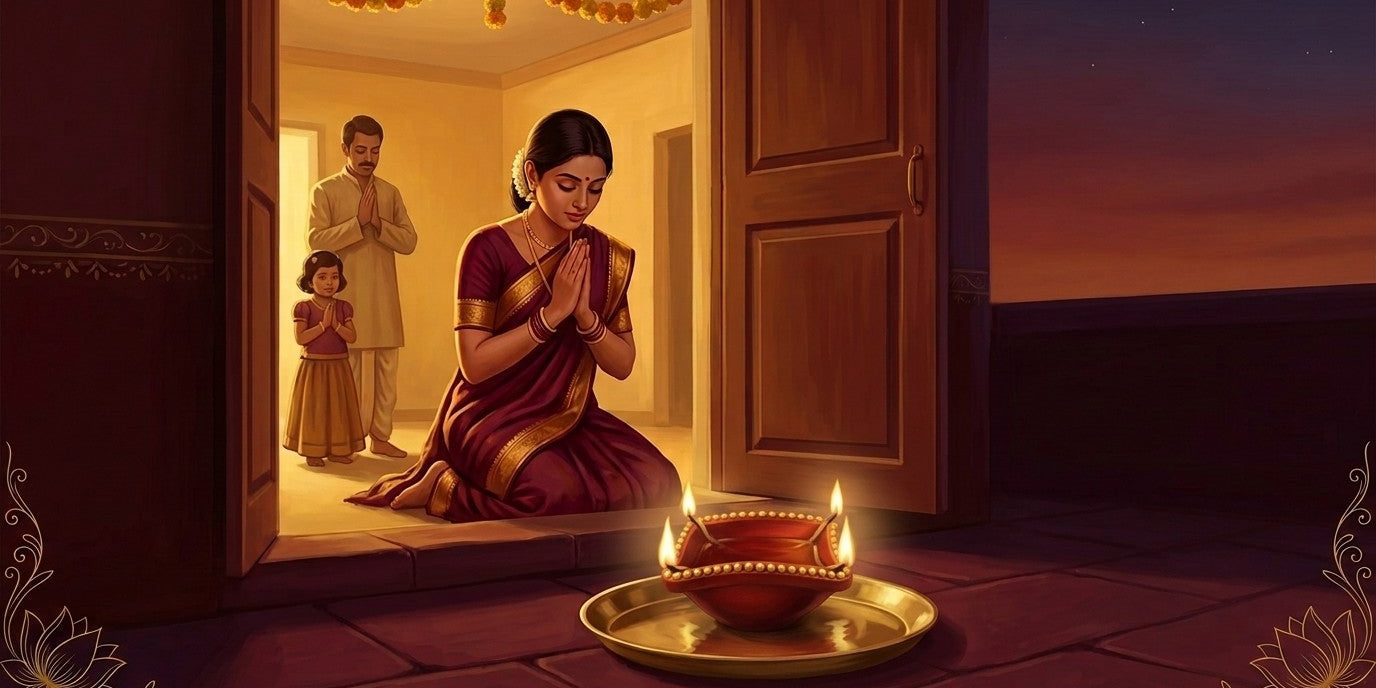 Woman in a maroon saree praying at the threshold beside a red and gold chaumukhi diya lit with four flames on a brass plate - Divine Sansar UAE