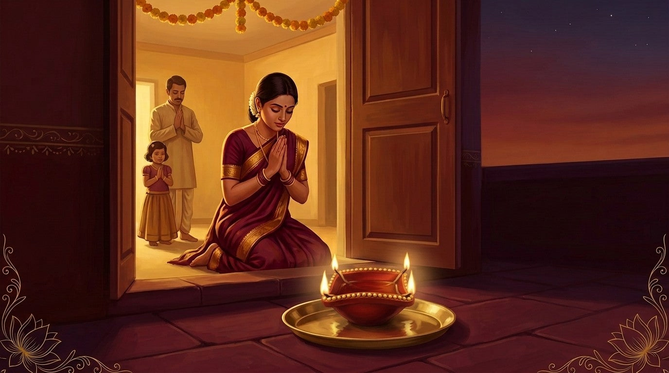 Woman in a maroon saree praying at the threshold beside a red and gold chaumukhi diya lit with four flames on a brass plate - Divine Sansar UAE
