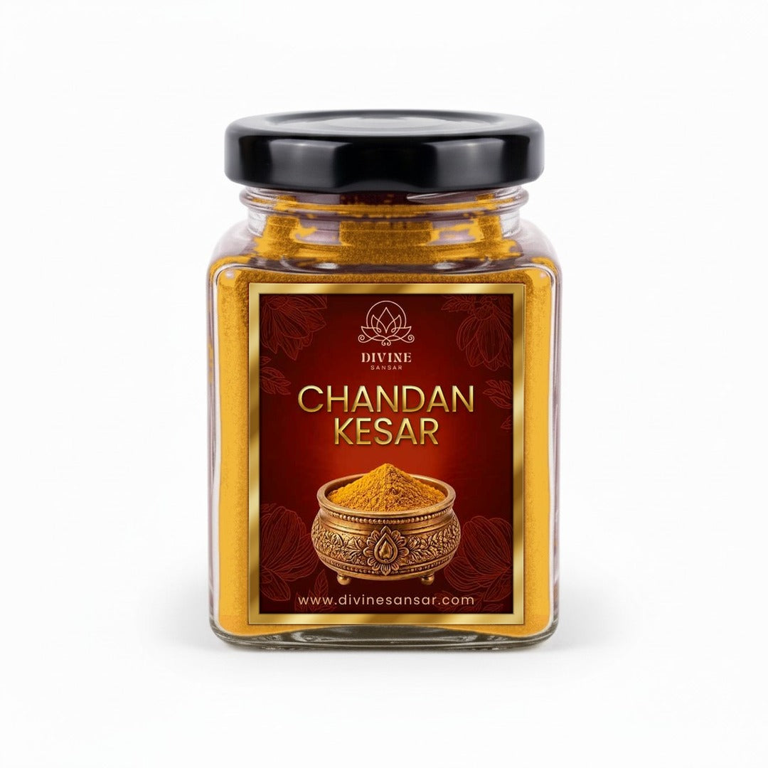 Chandan kesar tilak powder 100g glass jar with gold foil label - Divine Sansar