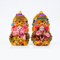 Decorated clay Laxmi Ganesh idol pair for Diwali pooja, 10 cm each, on white - Divine Sansar