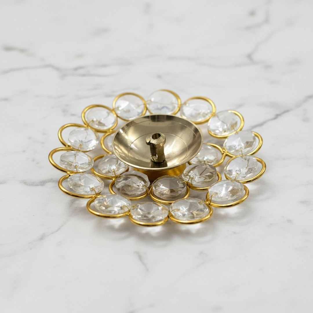 Crystal brass diya flat flower design 9 cm on white marble - Divine Sansar