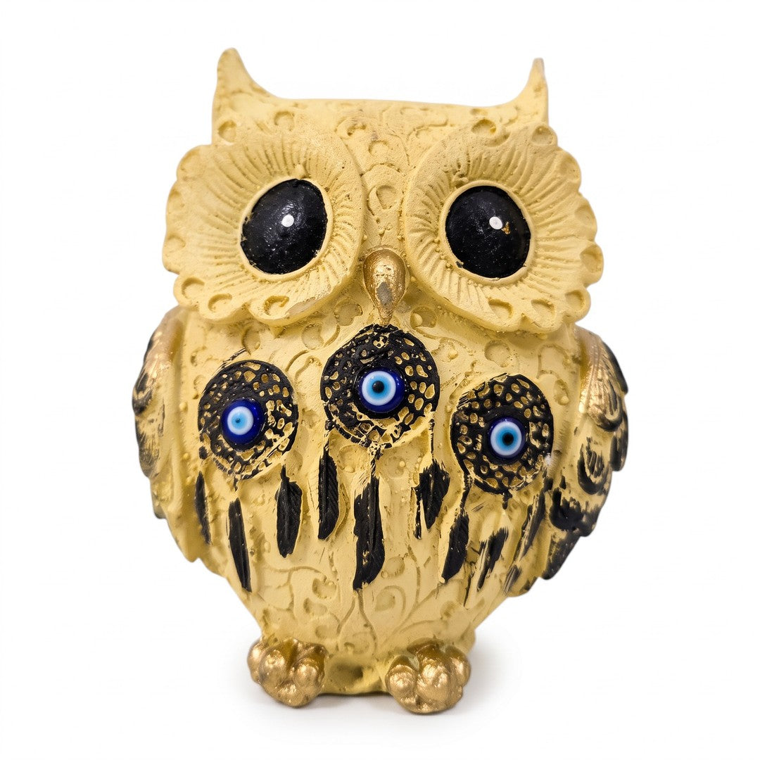 Ivory evil eye owl statue front view, spiritual Lakshmi owl figurine - Divine Sansar
