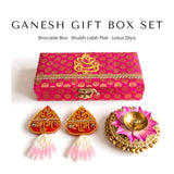Ganesh brocade gift box set with Shubh Labh pair and lotus diya - Divine Sansar