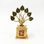 Golden metal Tulsi plant with green enamel leaves and Swastik base - Divine Sansar