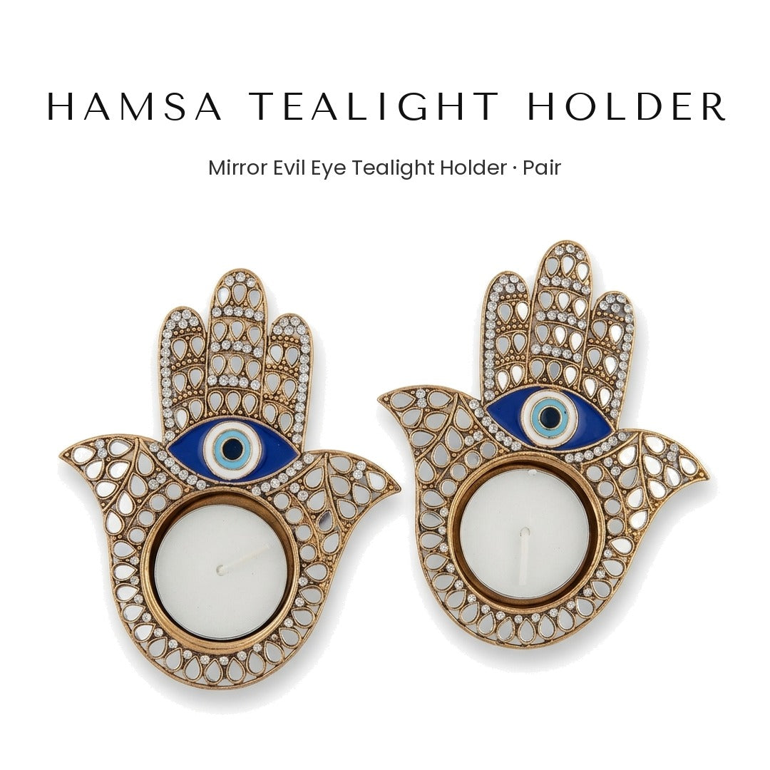 Hamsa evil eye mirror mosaic tealight holder pair - Divine Sansar