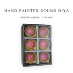 Hand-painted round clay diya set of 6 with pink flower design in a gift box - Divine Sansar