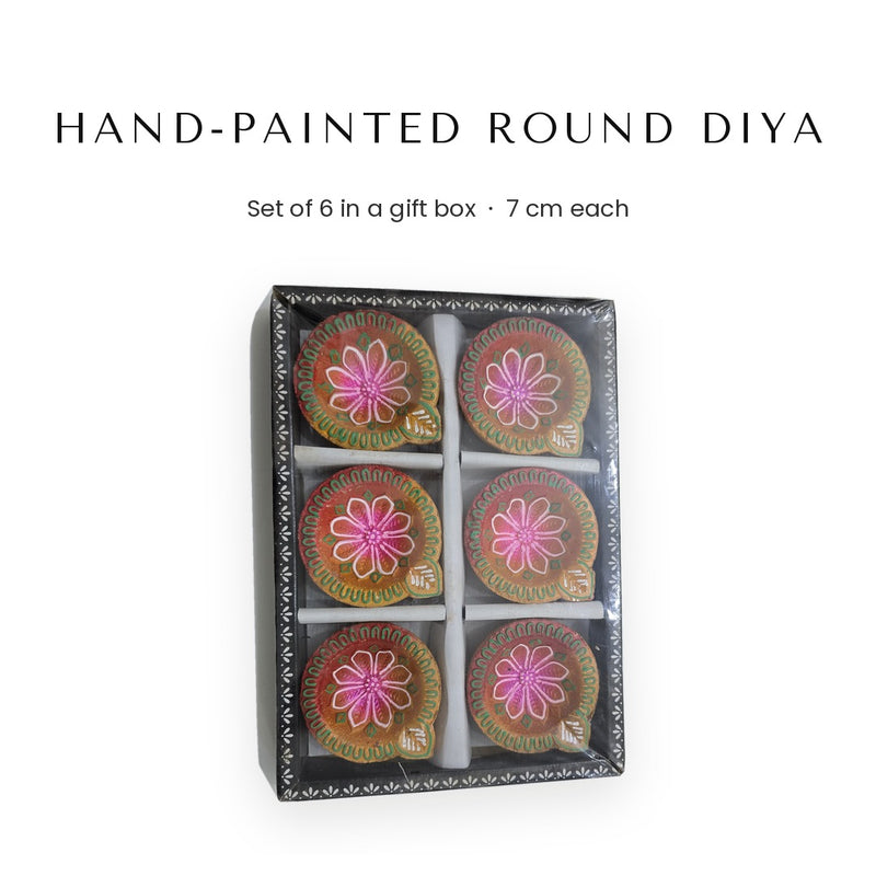 Hand-painted round clay diya set of 6 with pink flower design in a gift box - Divine Sansar