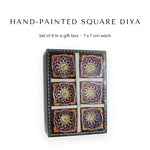 Hand-painted square clay diya set of 6 in a gift box for Diwali - Divine Sansar