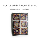Hand-painted square clay diya set of 6 in a gift box for Diwali - Divine Sansar