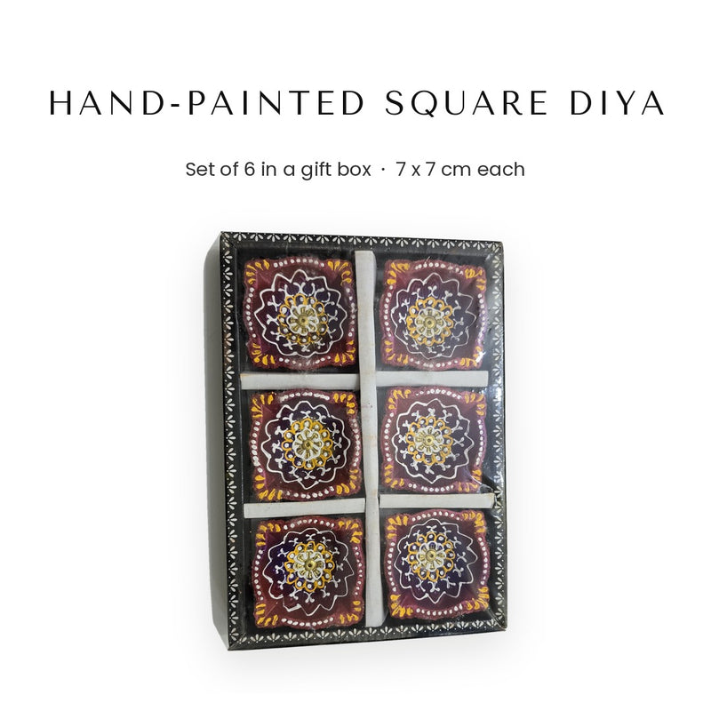 Hand-painted square clay diya set of 6 in a gift box for Diwali - Divine Sansar