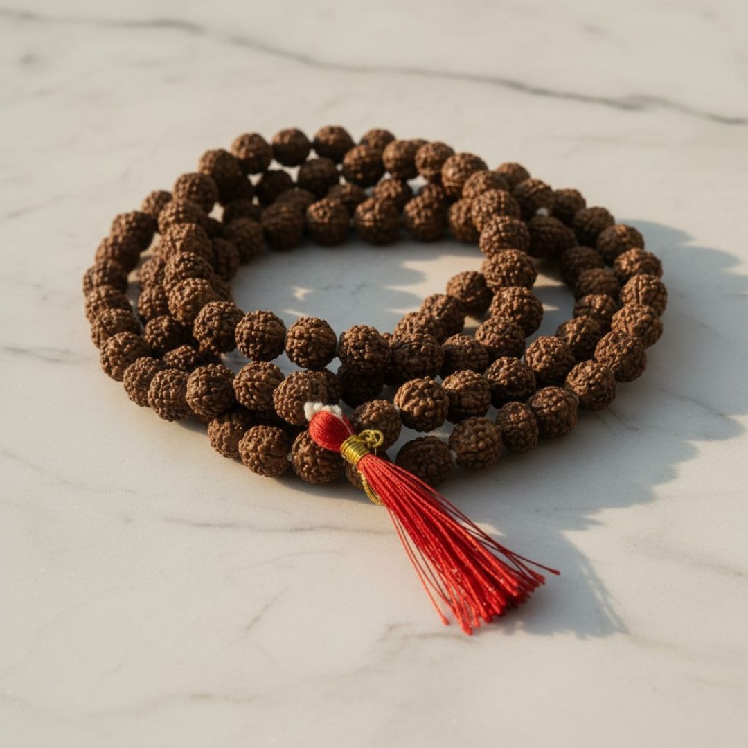 Original 5 Mukhi Rudraksha Mala 108 beads with red tassel on marble - Divine Sansar UAE
