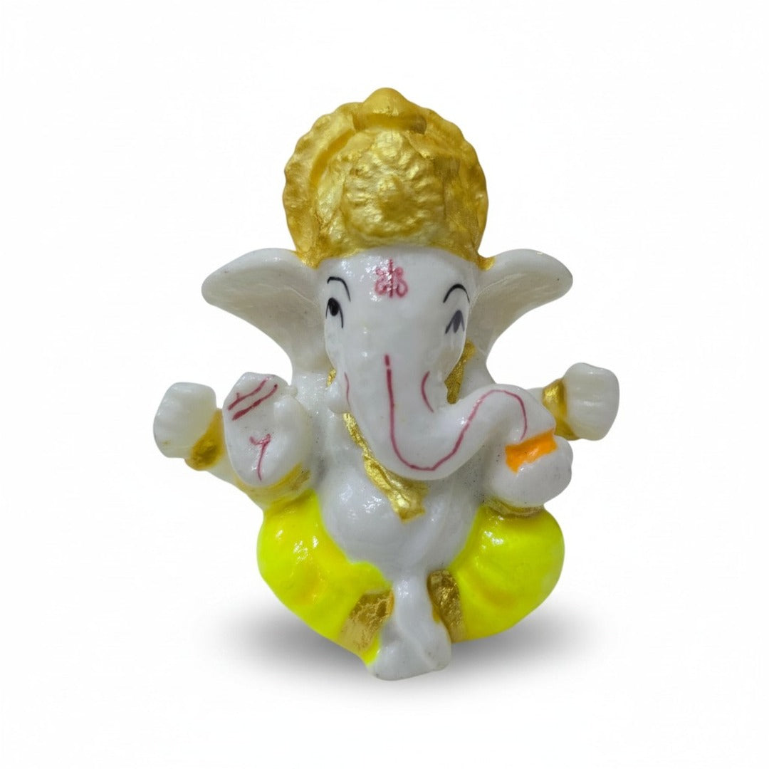Small Ganesh idol 6 cm with yellow dhoti and gold crown, hand-painted polyresin Ganesha murti - Divine Sansar