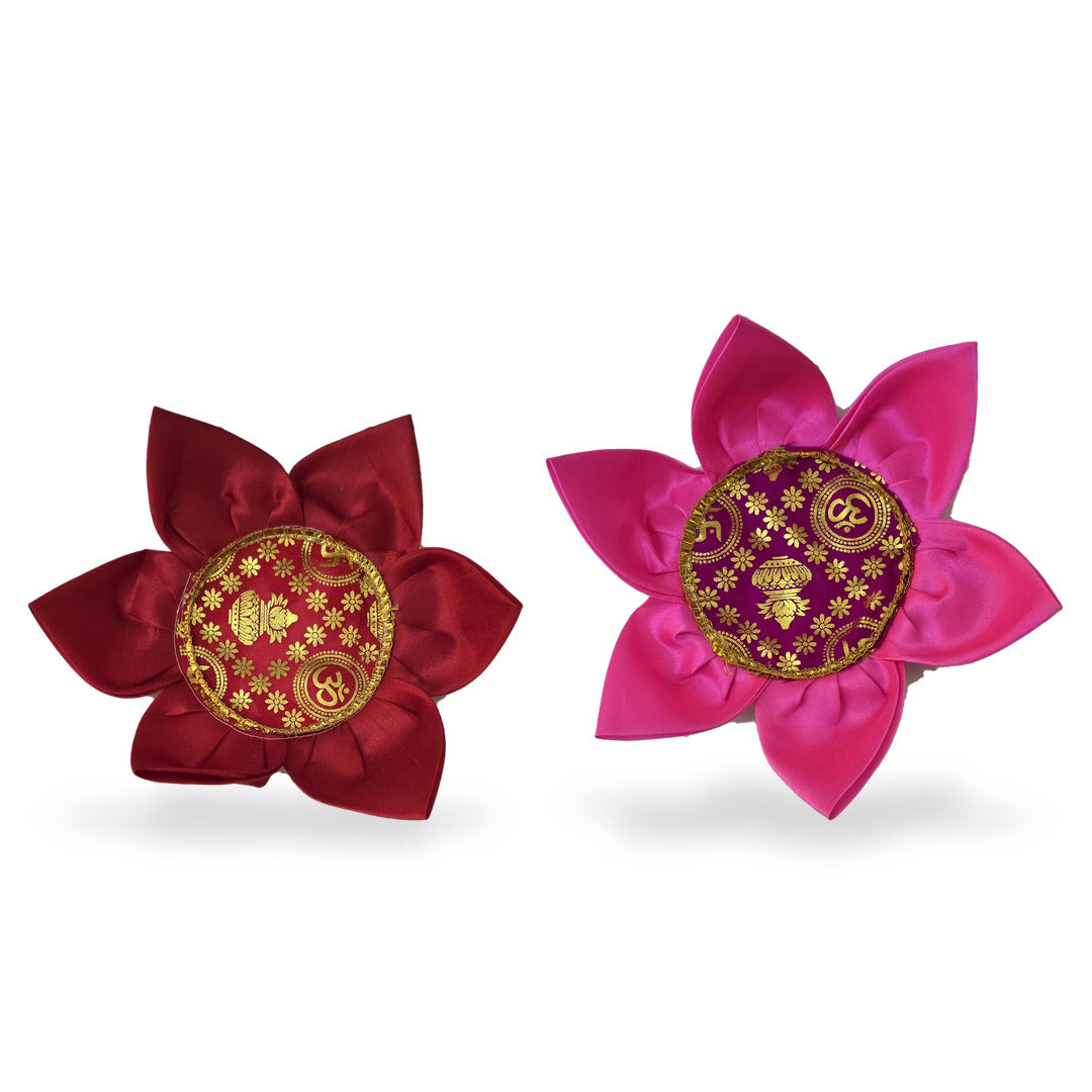 Red and pink Kamal Aasan lotus seats for deities by Divine Sansar on a white background