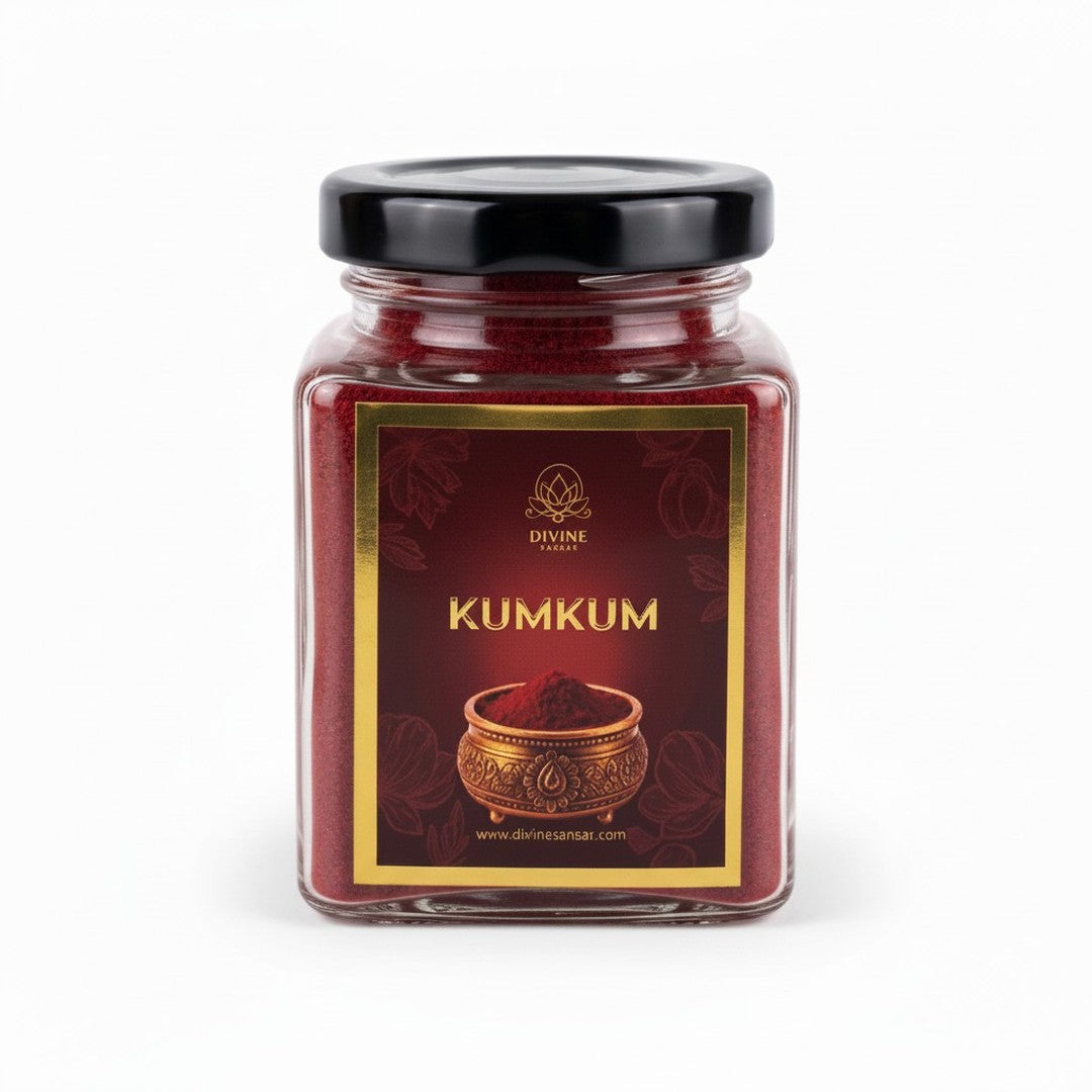 Kumkum powder 100g glass jar made from natural haldi with Divine Sansar label