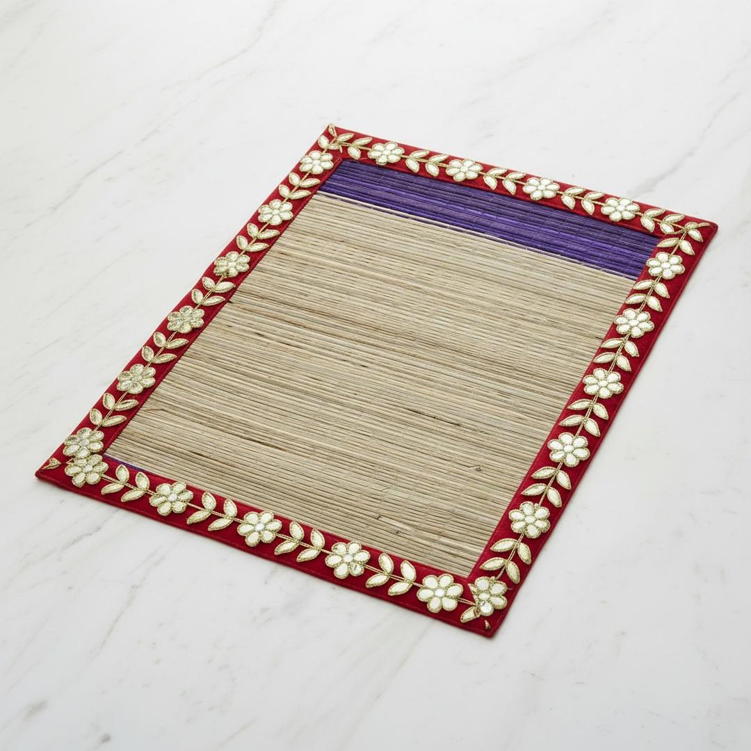 Kusha aasan with red gota floral border on white marble - Divine Sansar