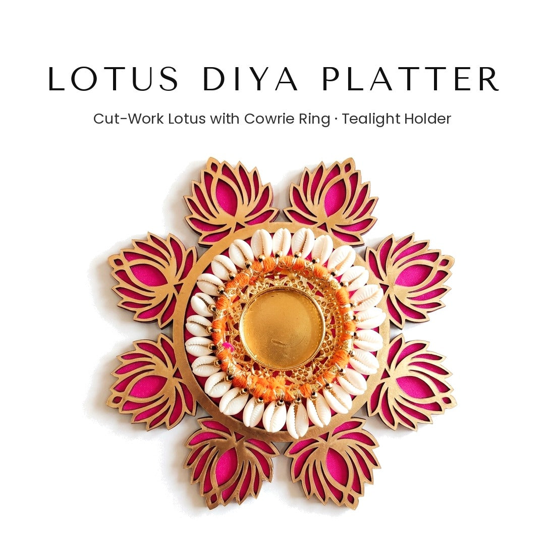 Pink lotus cut-work diya platter with cowrie ring - Divine Sansar