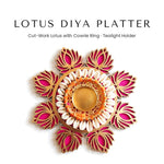 Pink lotus cut-work diya platter with cowrie ring - Divine Sansar