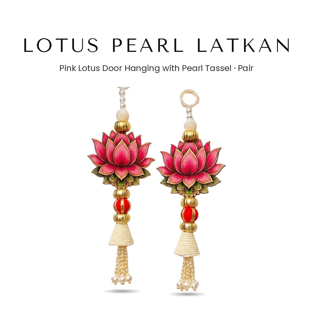 Pink lotus pearl tassel latkan pair for door and mandir - Divine Sansar