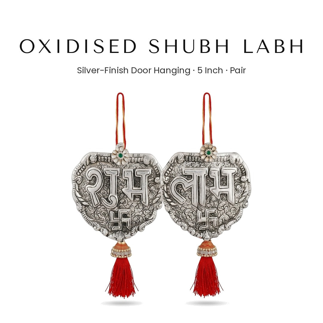 Oxidised silver-finish Shubh Labh door hanging pair with red tassel - Divine Sansar