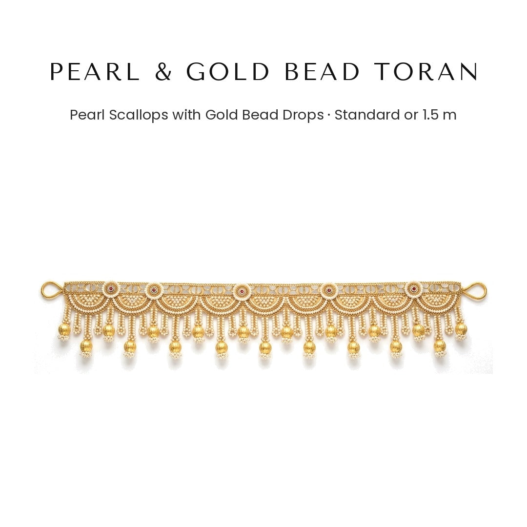 Pearl and gold bead door toran with gold drops - Divine Sansar