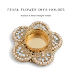 Pearl kundan flower tealight diya holder with gold cup - Divine Sansar