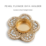 Pearl kundan flower tealight diya holder with gold cup - Divine Sansar
