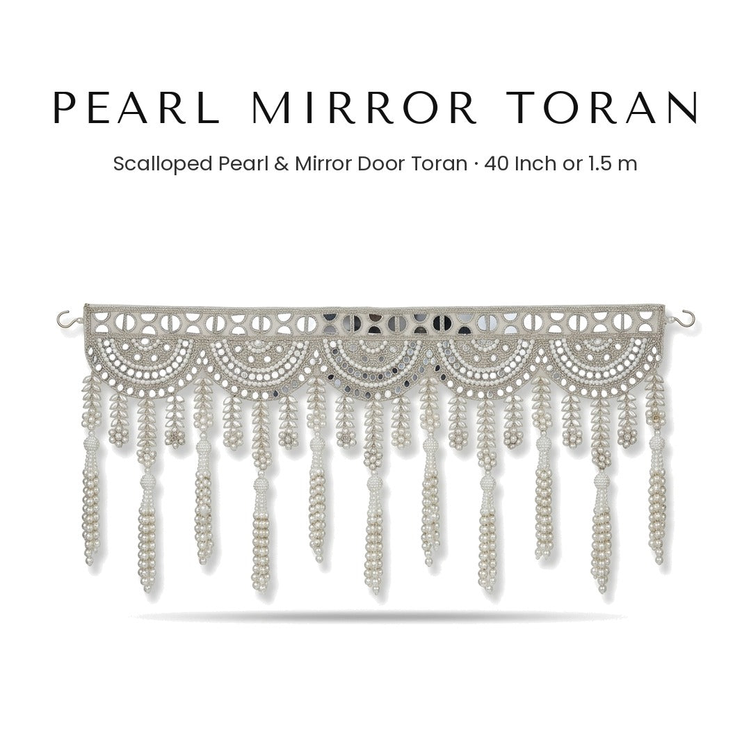 White pearl and mirror scallop door toran for Diwali - Divine Sansar