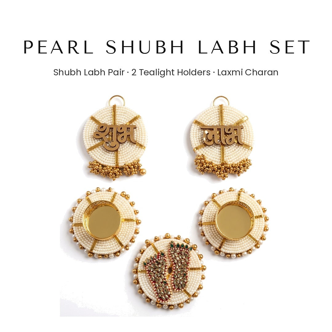 Pearl Shubh Labh hanging and tealight holder set with Laxmi charan - Divine Sansar