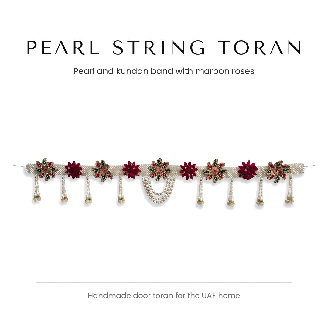 Woven pearl door toran with maroon roses and kundan motifs by Divine Sansar