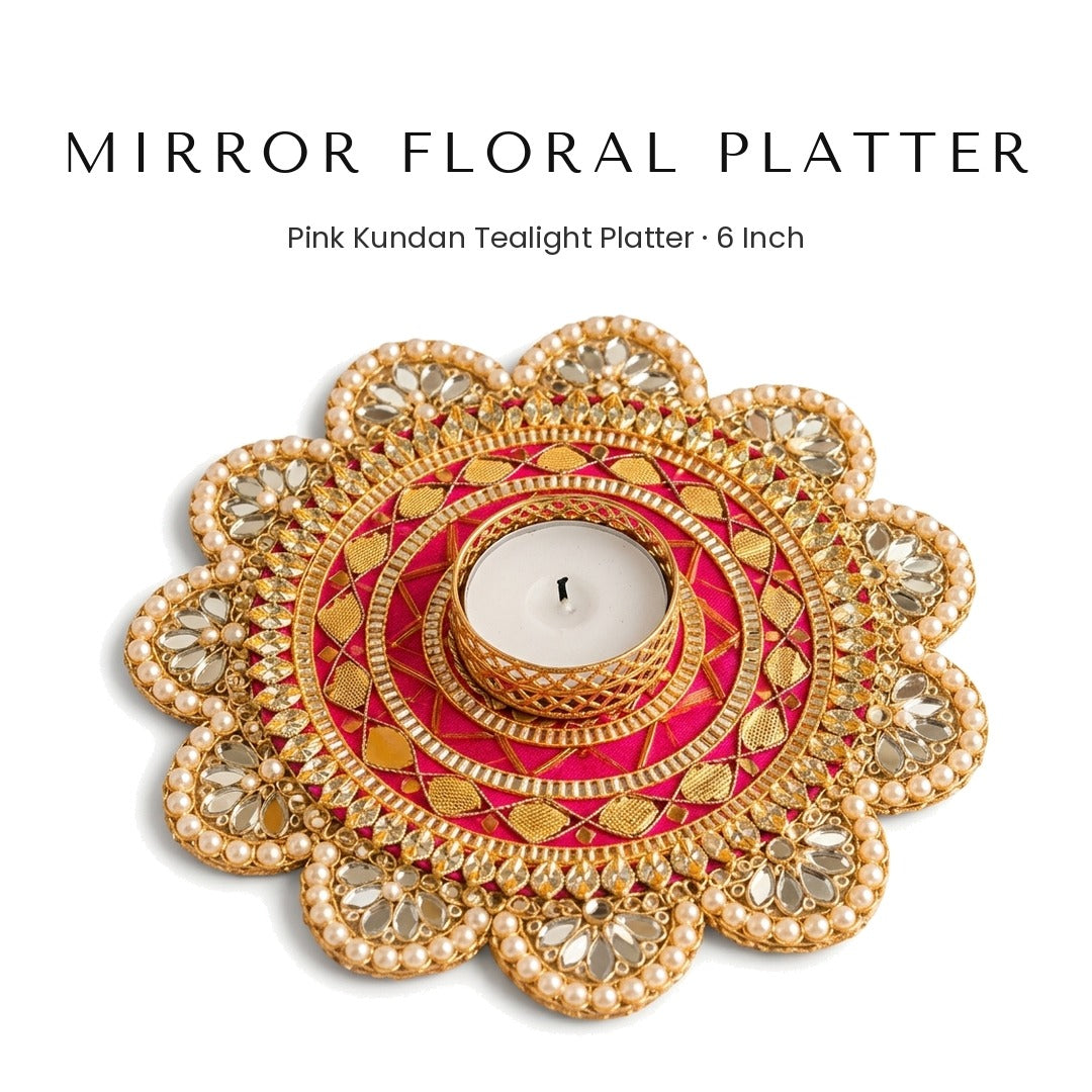 Pink mirror floral kundan tealight platter 6 inch - Divine Sansar