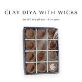 Plain clay diya set of 12 with cotton wicks, 6 cm mitti diya in a gift box - Divine Sansar