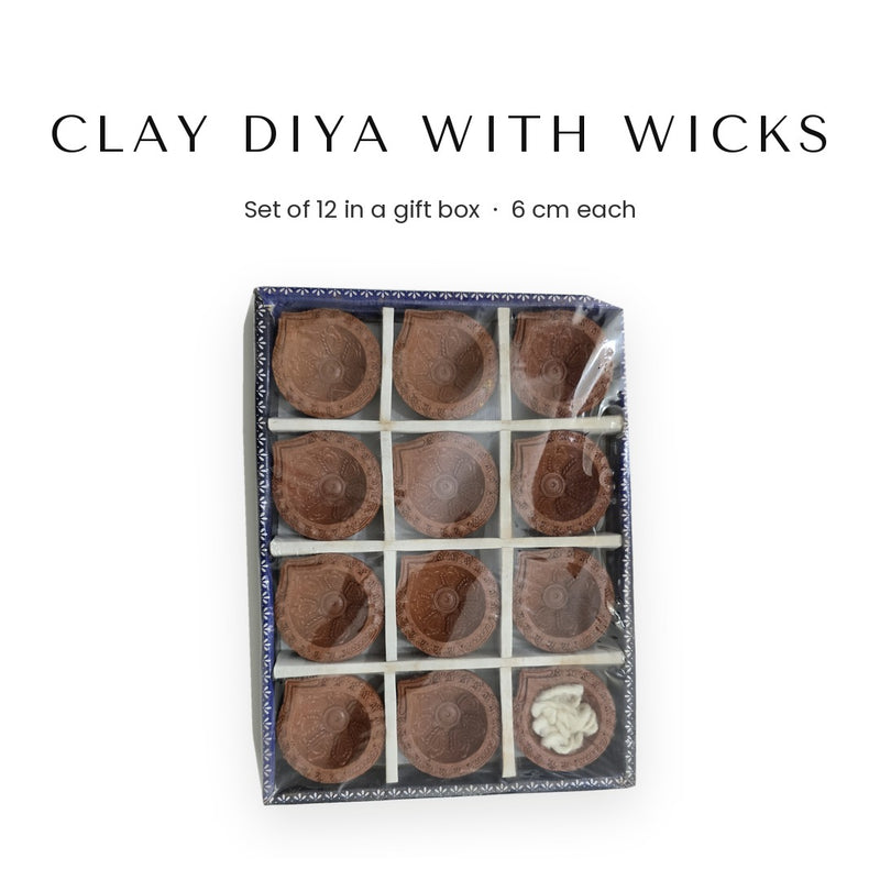 Plain clay diya set of 12 with cotton wicks, 6 cm mitti diya in a gift box - Divine Sansar