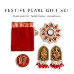 Red pearl Diwali gift set with Ganesh Lakshmi Shubh Labh and tealight holder - Divine Sansar