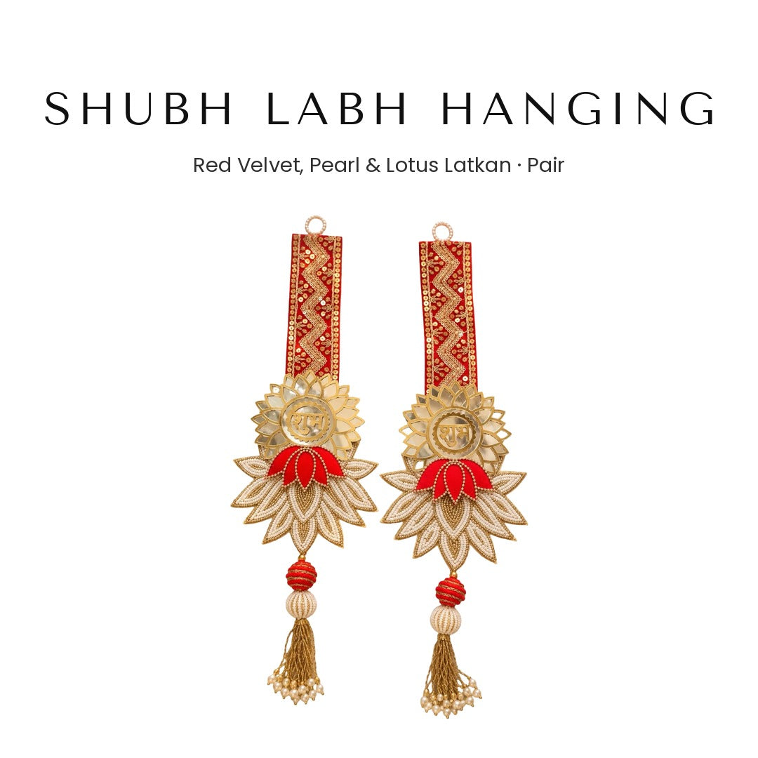 Red velvet beaded Shubh Labh door hanging pair with pearl lotus - Divine Sansar