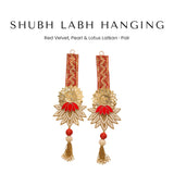 Red velvet beaded Shubh Labh door hanging pair with pearl lotus - Divine Sansar