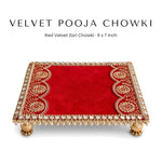 Red velvet zari pooja chowki 9 x 7 inch with gold feet - Divine Sansar