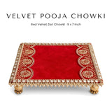 Red velvet zari pooja chowki 9 x 7 inch with gold feet - Divine Sansar