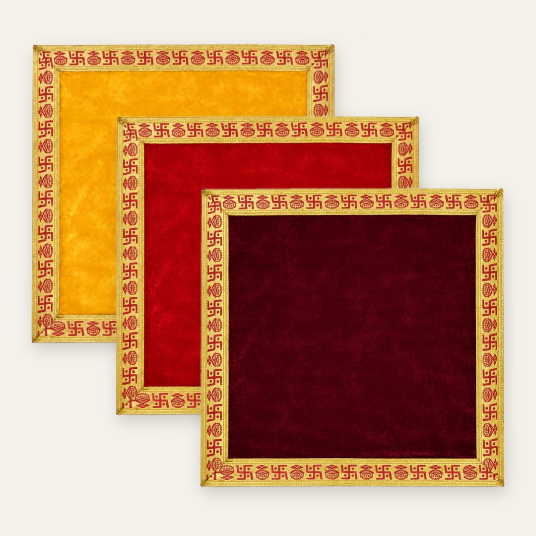 Set of 3 velvet pooja aasan cloths in maroon, red and yellow, 45x45 cm - Divine Sansar