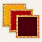Set of 3 velvet pooja aasan cloths in maroon, red and yellow, 45x45 cm - Divine Sansar