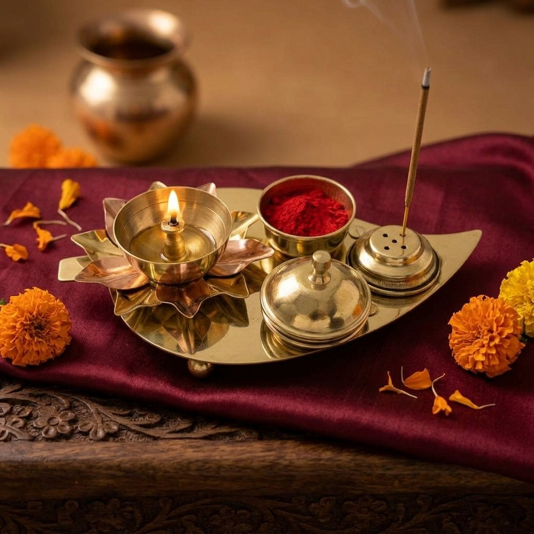 Lit brass lotus diya with kumkum and agarbatti on a home mandir in the UAE - Divine Sansar
